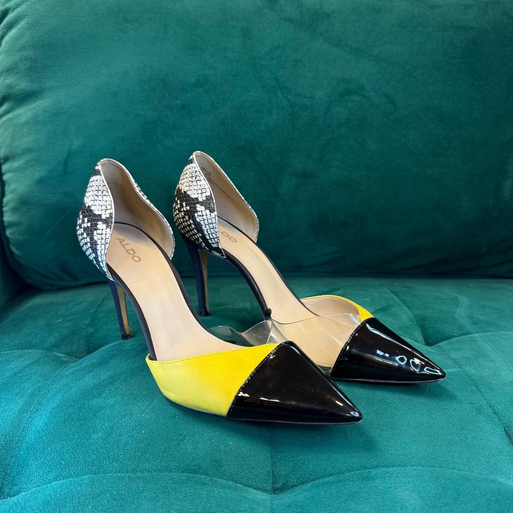 Aldo Heels Pumps Snakeskin Ankle Strap Pointed‎ Toe Stiletto Yellow Black 9.5